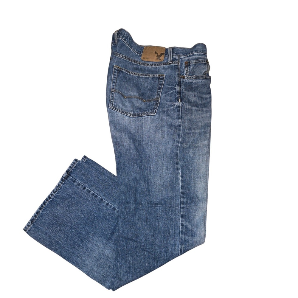 American Eagle Original Boot Jean Men 36x34 5-Pocket Med Blue Wash Whiskering